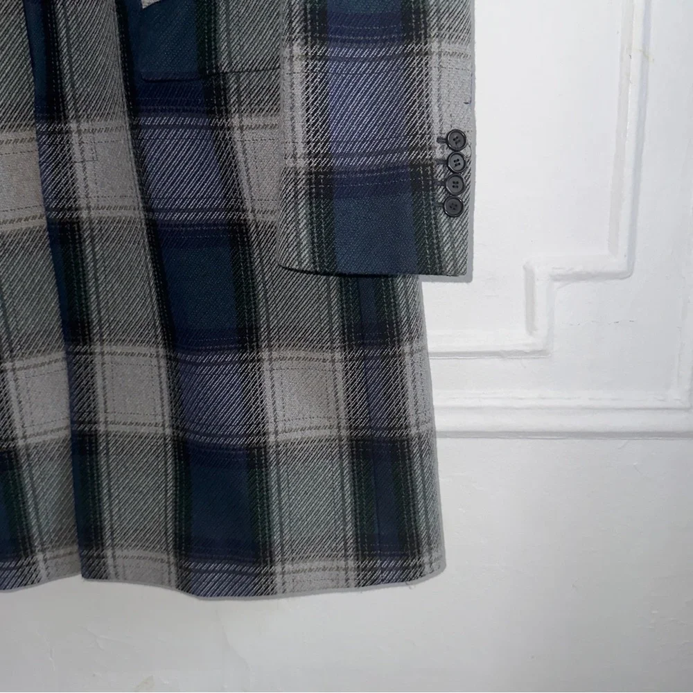 Acne Studios Oversized Plaid Wool Blend Coat in Navy, Grey & Green size US38